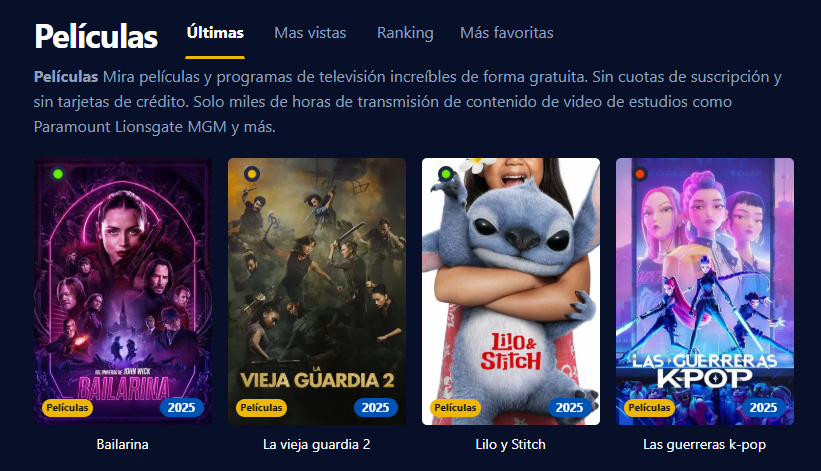 Captura de pantalla de la interfaz de usuario de Pepelisplus mostrando películas y series organizadas por temas